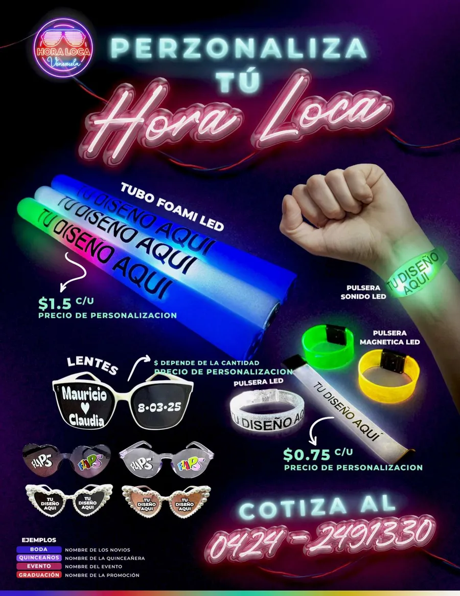 Tubos foami, lentes y pulseras LED con tu diseño